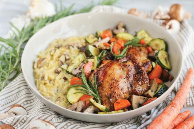 Garlic-Rosemary Butter Roasted Chicken Thighs and Veggies with Mushroom Orzo Risotto
