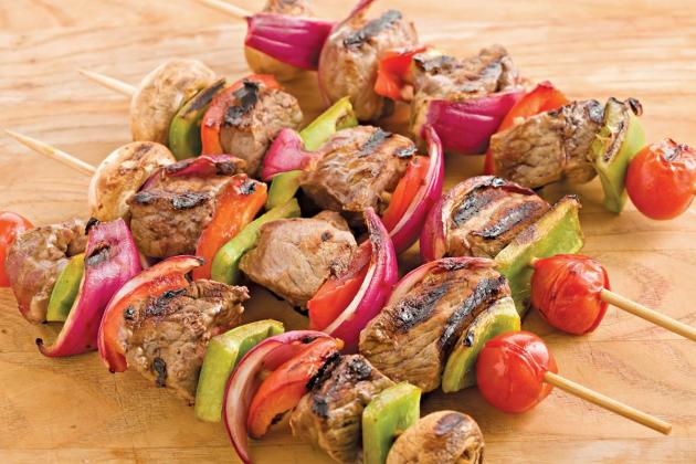 Ribeye Steak, Grape Tomato and Mushroom Kebabs. Kebabs. Photo courtesy of Getty Images