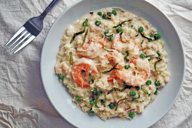 Cauliflower “Risotto” with Shrimp and Peas