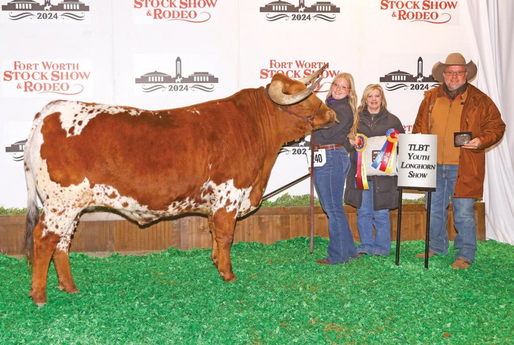 JL White Lightning, exhibited by JENNA LEIGH QUILLIN from Maypearl, captured Youth Division: Grand Champion Steer and Senior Champion Steer in the Texas Longhorn Breeder’s of Tomorrow Show during the 2024 Fort Worth Stock Show &amp; Rodeo Jan. 14. The 2024 Show hosted exhibitors from across America competing for awards and premiums.