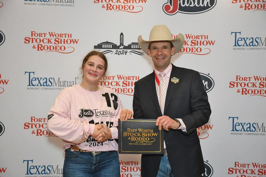 AMY HORTON, a member of Midlothian FFA, caught a calf during the 2024 Fort Worth Stock Show &amp; Rodeo’s Calf Scramble, earning a $500 purchase certificate for a show heifer and the chance for up to $16,000 in scholarship awards. Horton’s parents are Elizabeth and Billy Horton. Her award was sponsored by Lone Star Auctioneers.