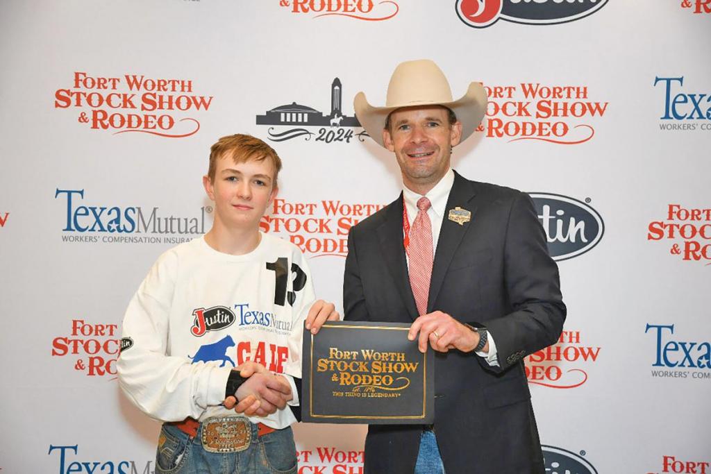 CADE NOLEN from Waxahachie, a member of Ellis County 4-H, caught a calf during the 2024 Fort Worth Stock Show &amp; Rodeo’s Calf Scramble, earning a $500 purchase certificate for a show heifer and the chance for up to $16,000 in scholarship awards. Nolen’s parents are Katy and Charlie Nolen. His award was sponsored by ValleyView Energy LLC.