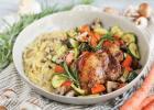 Garlic-Rosemary Butter Roasted Chicken Thighs and Veggies with Mushroom Orzo Risotto
